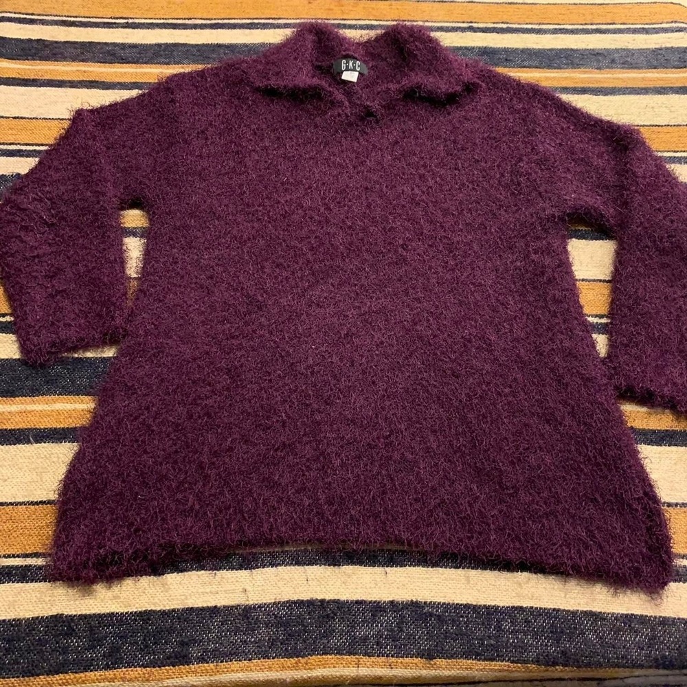 VTG y2k sweater Purple Fuzzy Eyelash Knit Collared V-Neck Large Whimsygoth Artsy